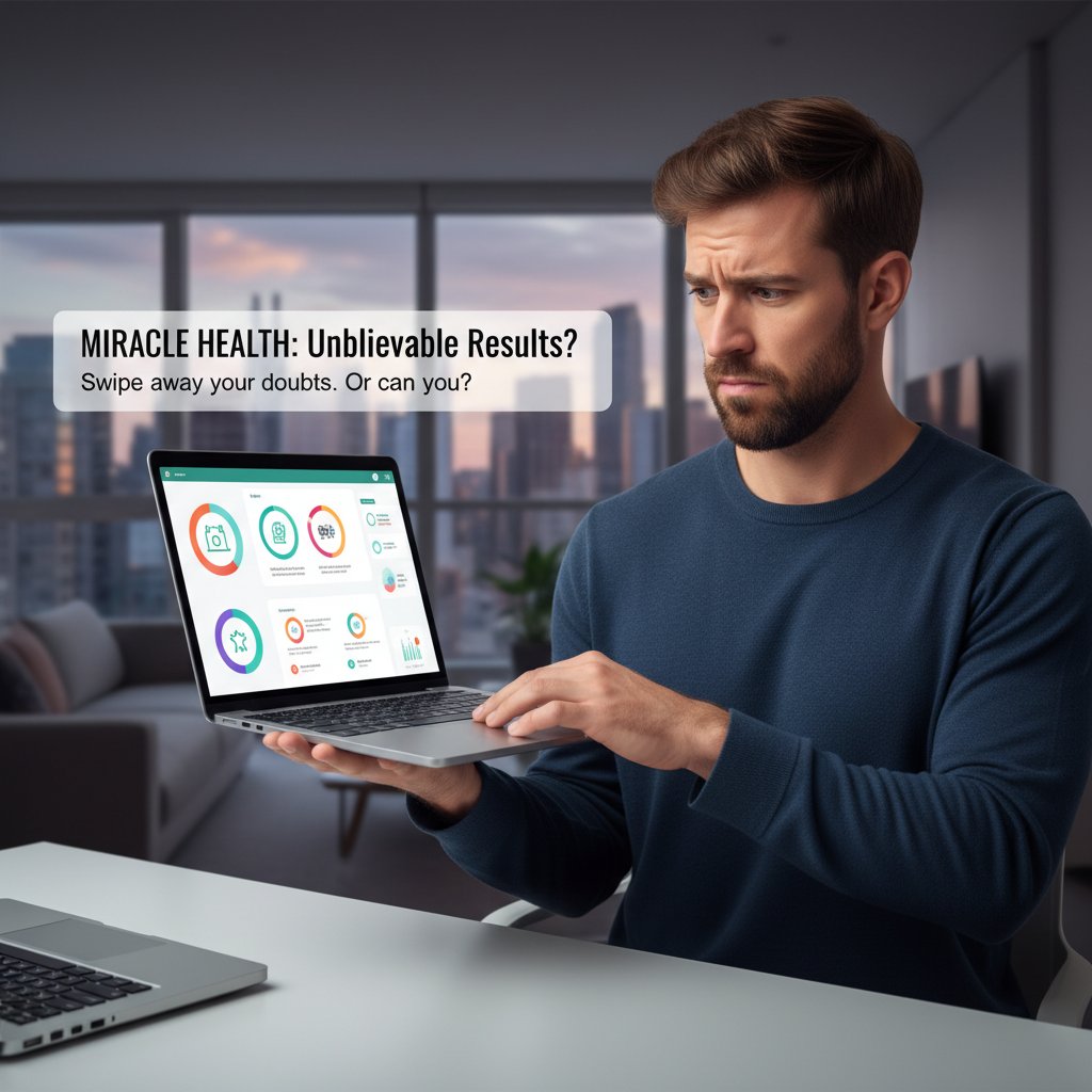 Osoba patrząca z nieufnością na ekran laptopa, na którym widnieje reklama aplikacji zdrowotnej