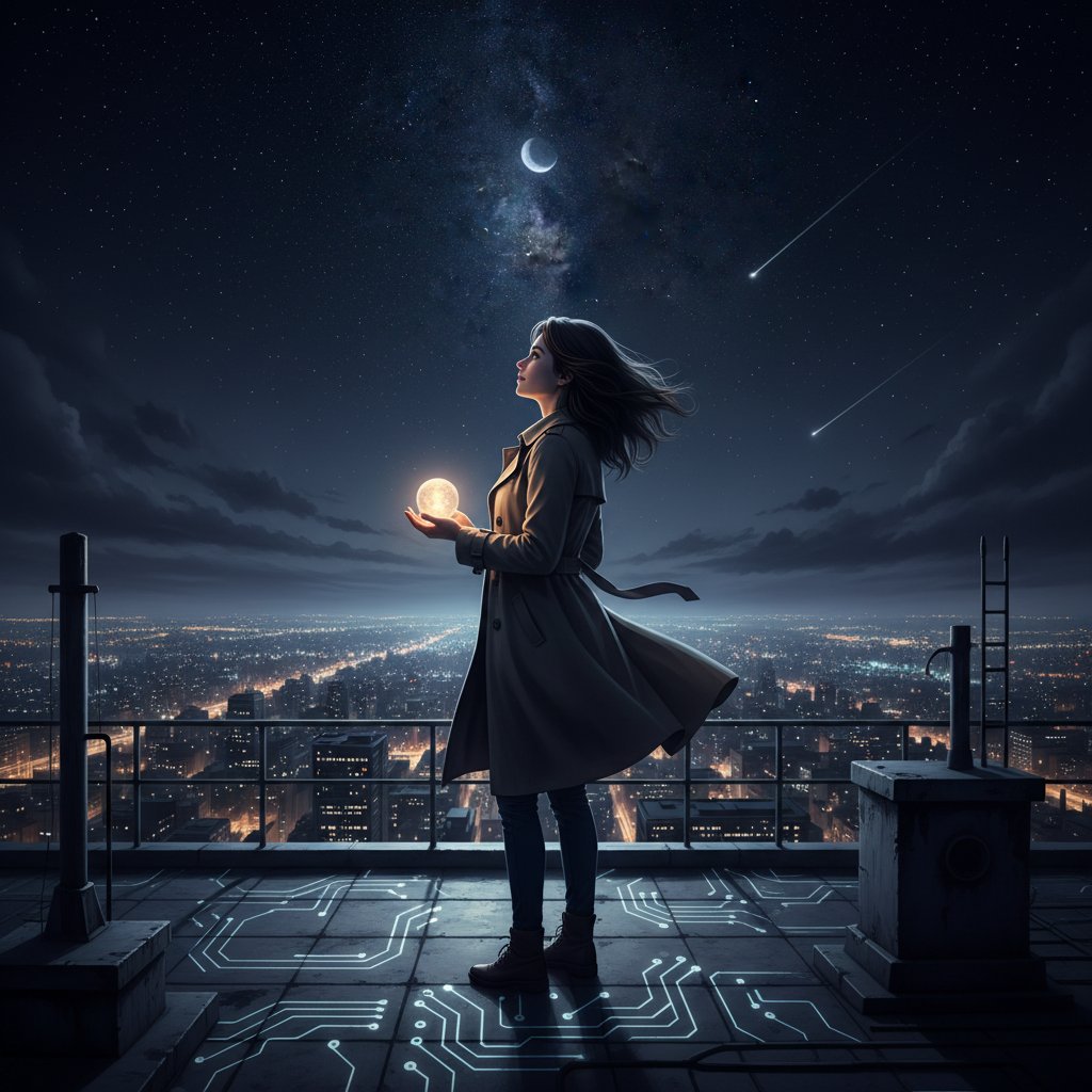 Osoba patrząca w rozgwieżdżone niebo z dachu budynku, symbolizująca siłę płynącą z samotności i nadzieję