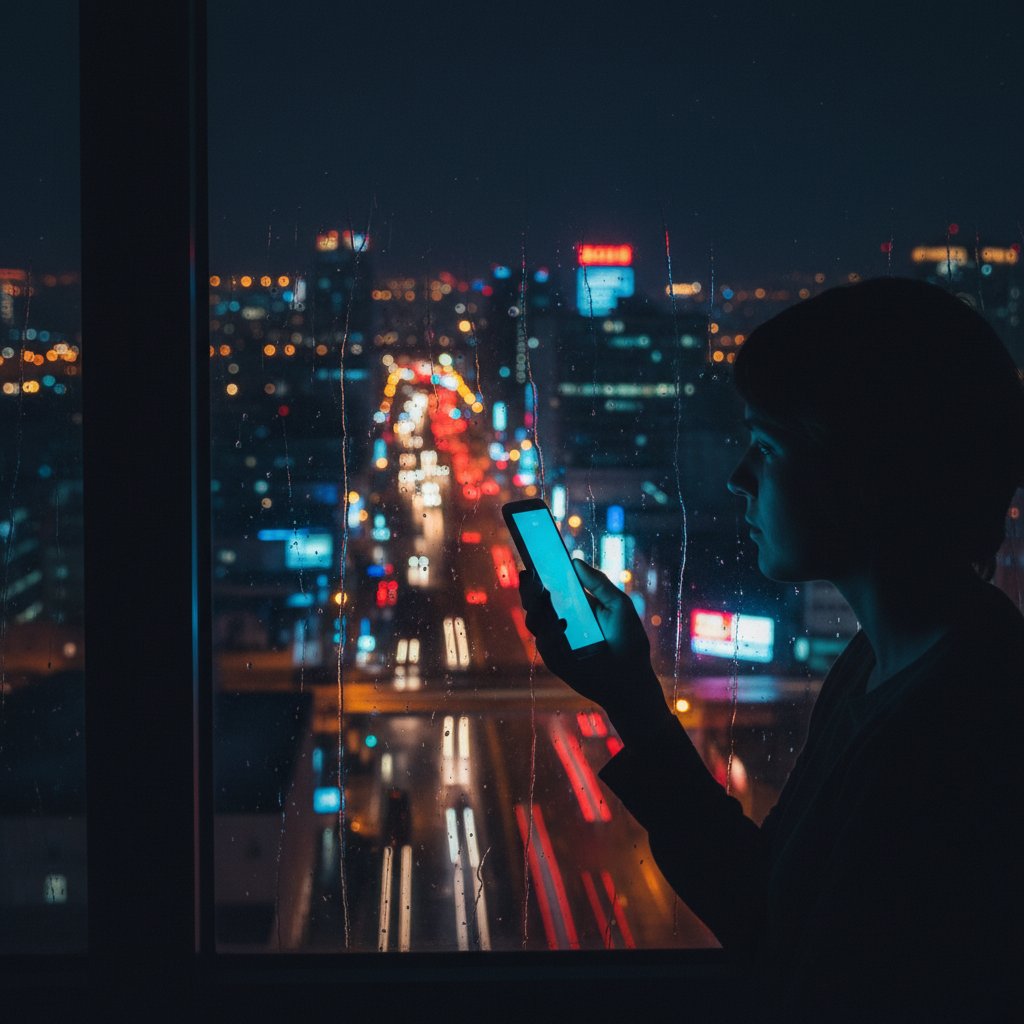 Samotność w mieście, osoba patrząca przez okno ze smartfonem, nocą