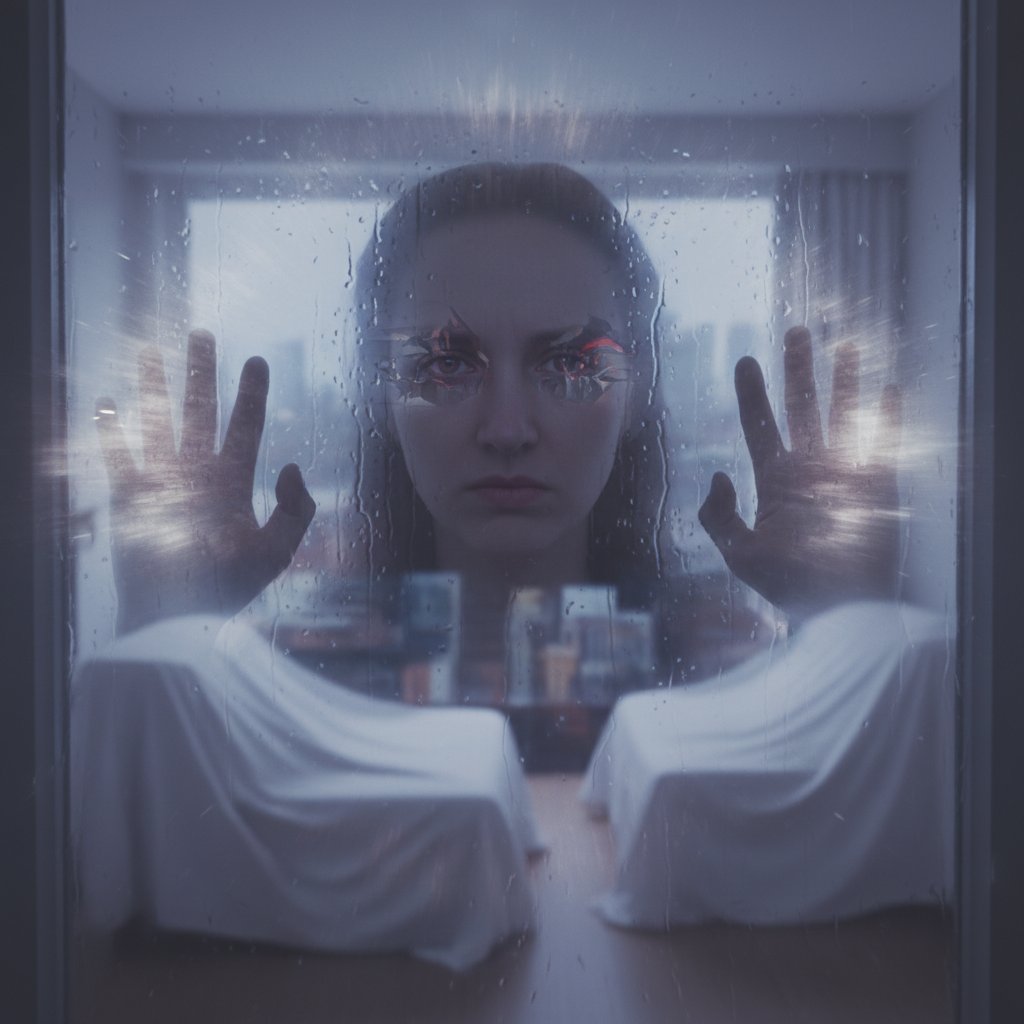 Osoba zamyślona patrząca przez okno, symbolizująca wyparcie mechanizmów obronnych