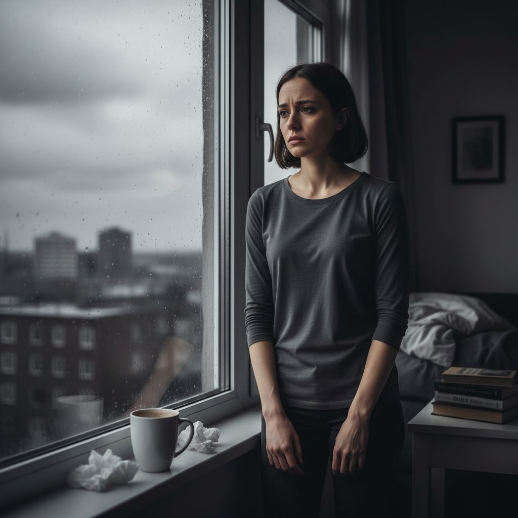Osoba patrząca w okno, przygnębiona mina, relacyjny burnout, samotność
