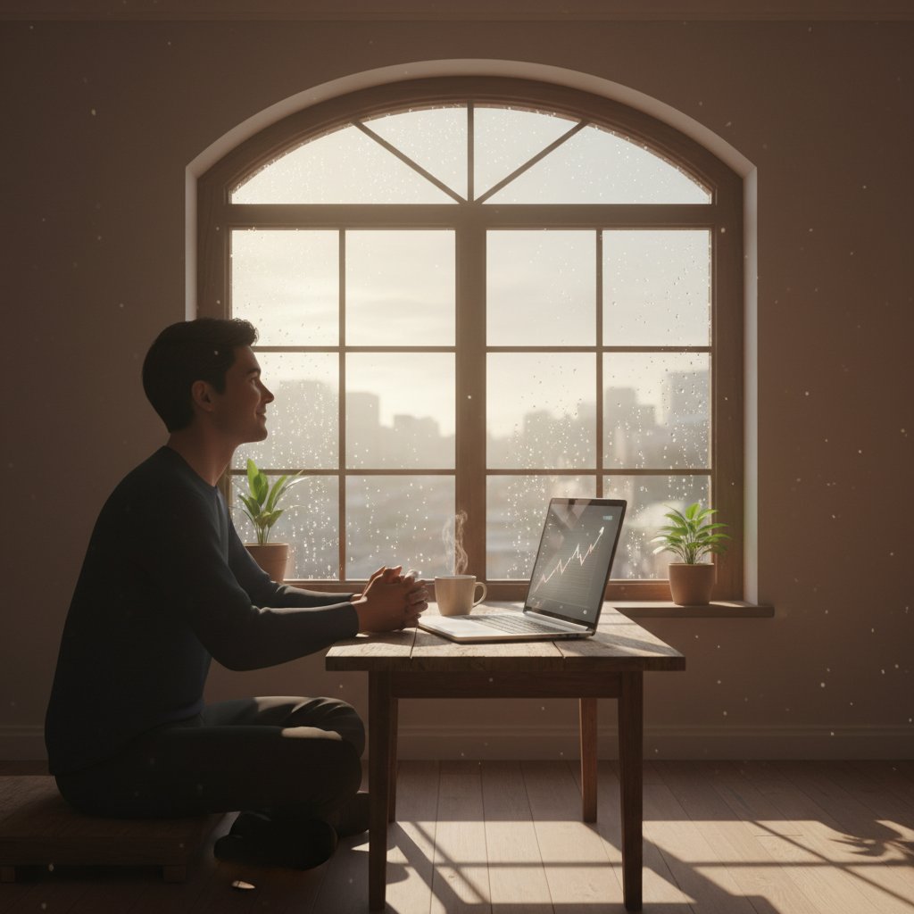 Osoba patrząca przez okno, światło poranka, laptop na stole, symbol nowej nadziei na relacje