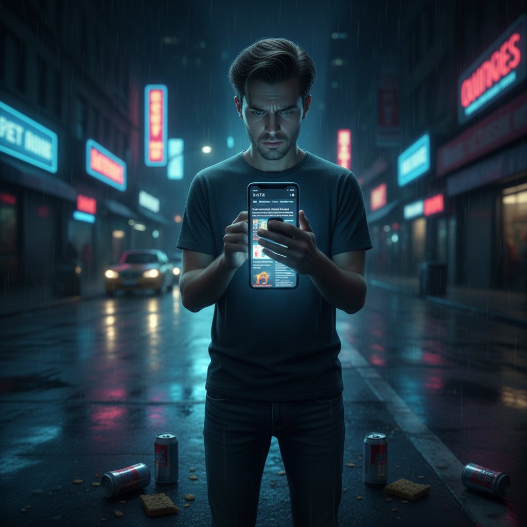 Osoba zagubiona w gąszczu internetowych porad zdrowotnych, noc, światło telefonu, chaos informacyjny