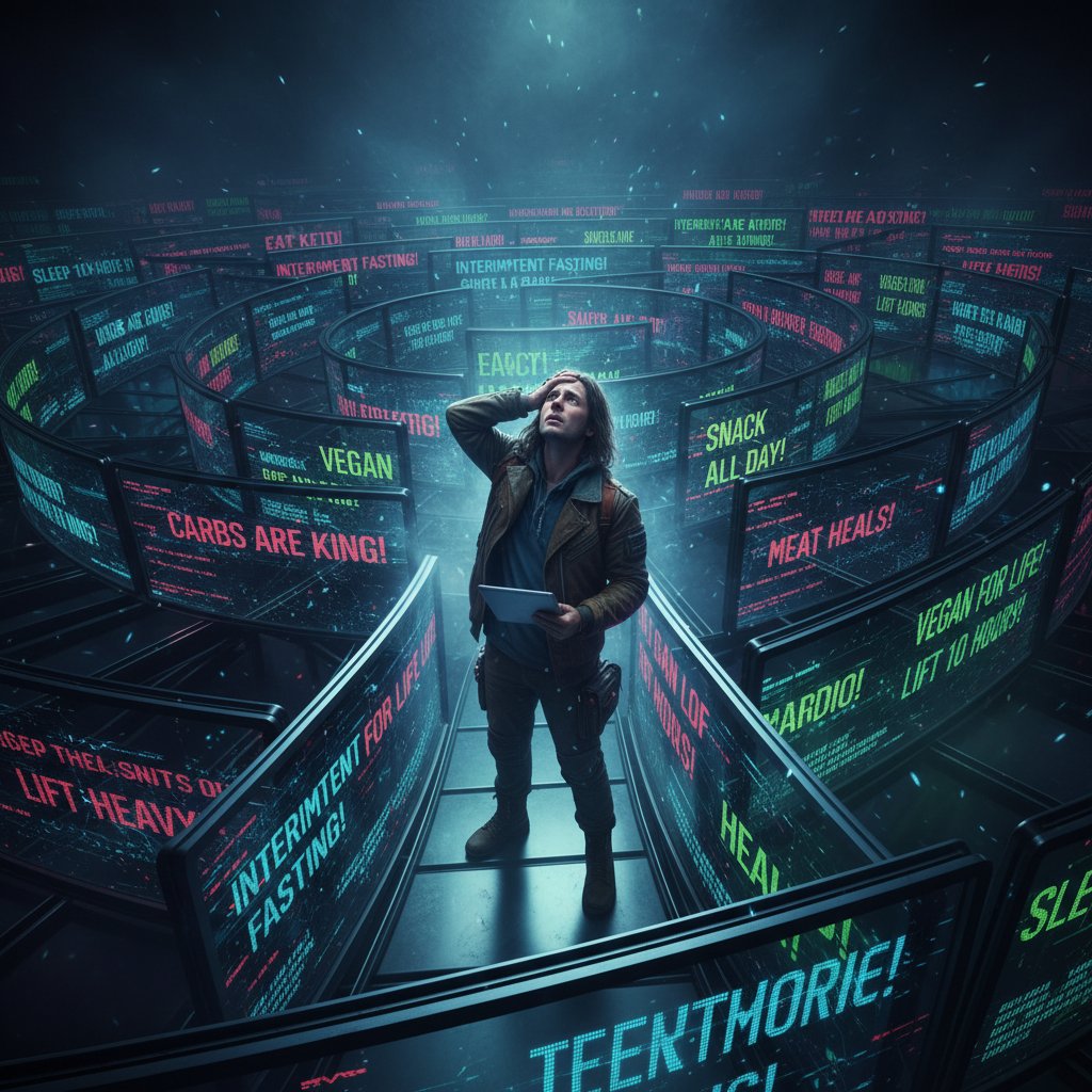 Osoba zagubiona w labiryncie ekranów z poradami zdrowotnymi, chaos informacyjny