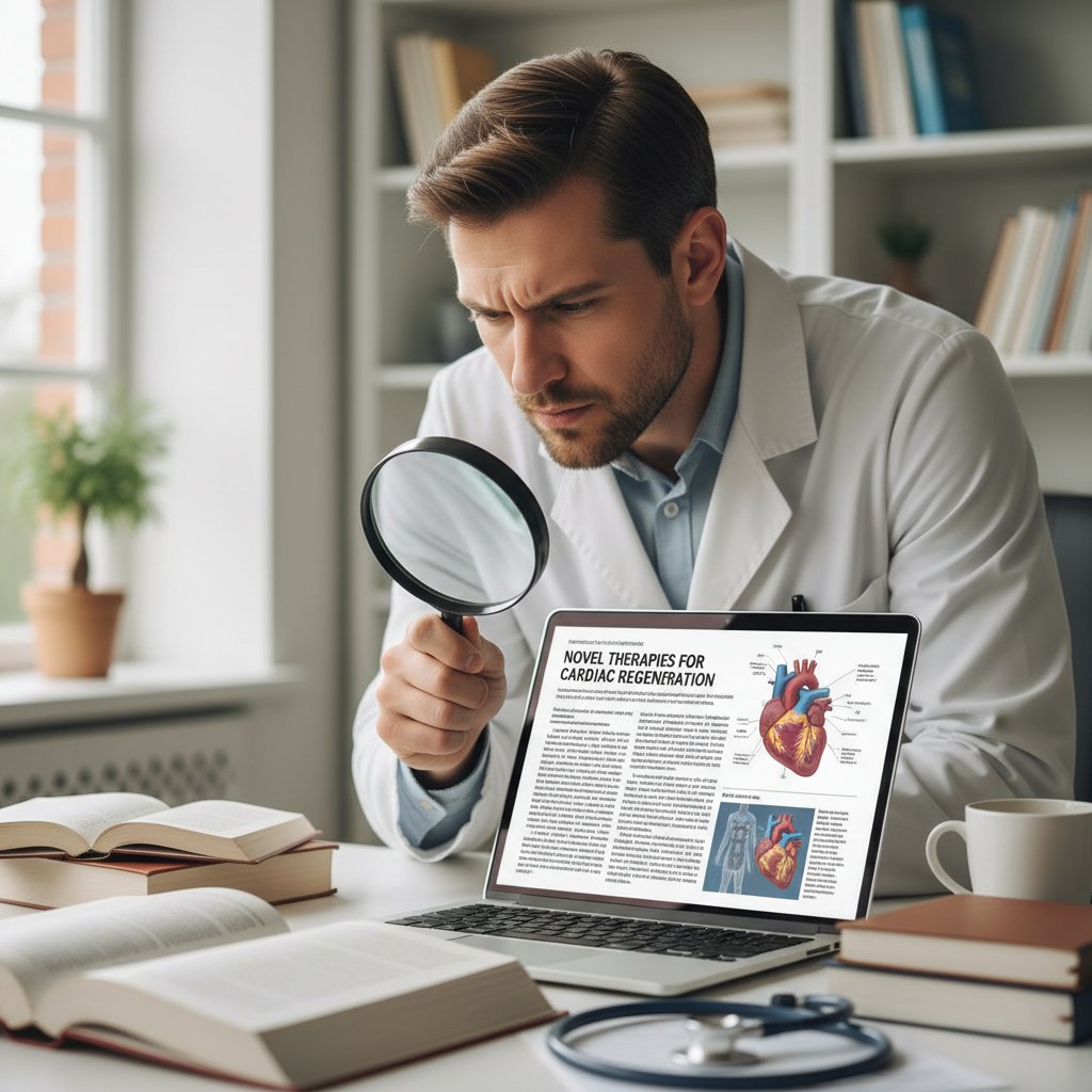 Osoba z lupą, analizująca ekran laptopa z artykułem medycznym, atmosfera skupienia