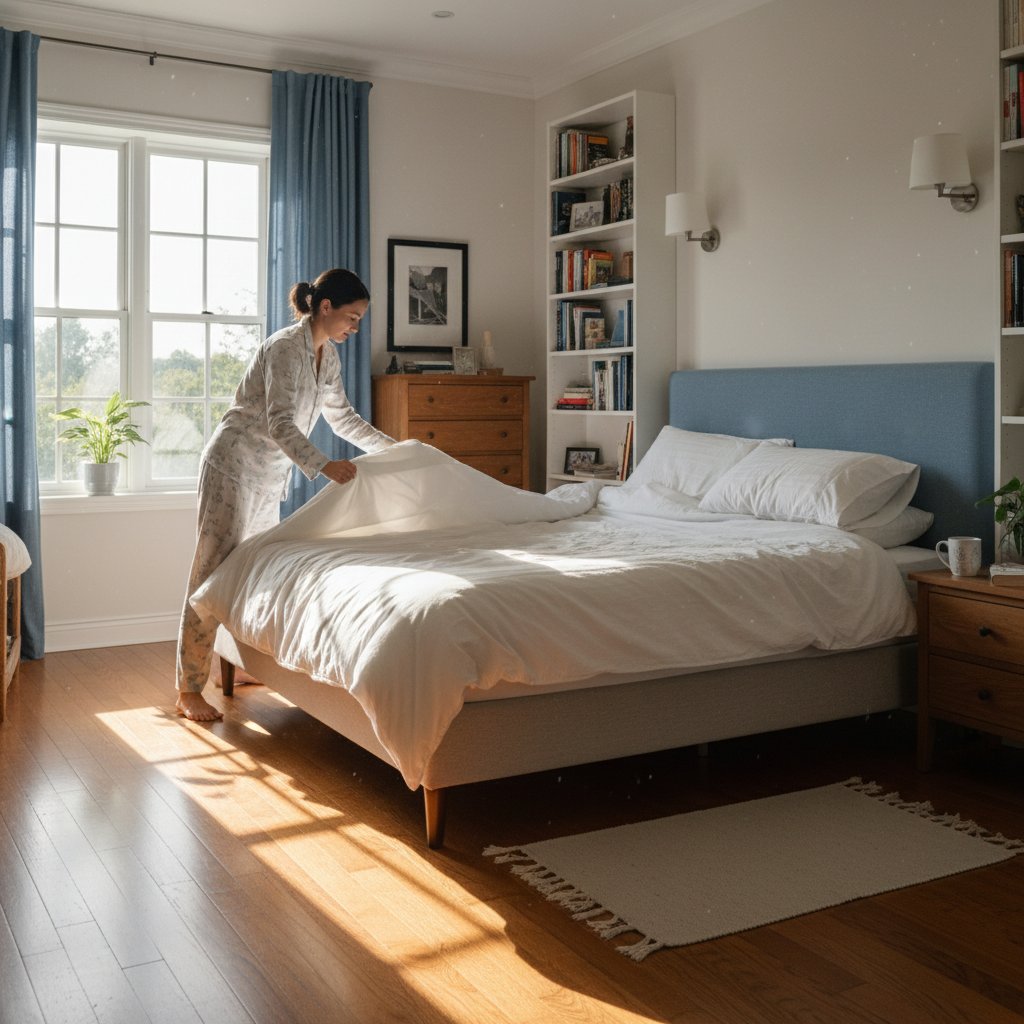 Osoba ścieląca łóżko w porannym świetle słońca, schludny pokój