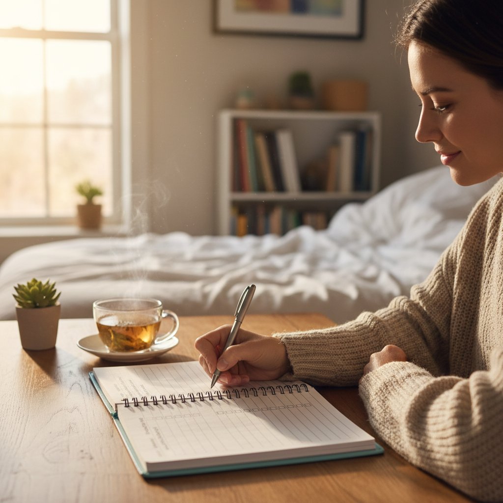 Osoba zaznaczająca kolejne dni w dzienniku snu, promienne światło poranka, symbol nowego początku