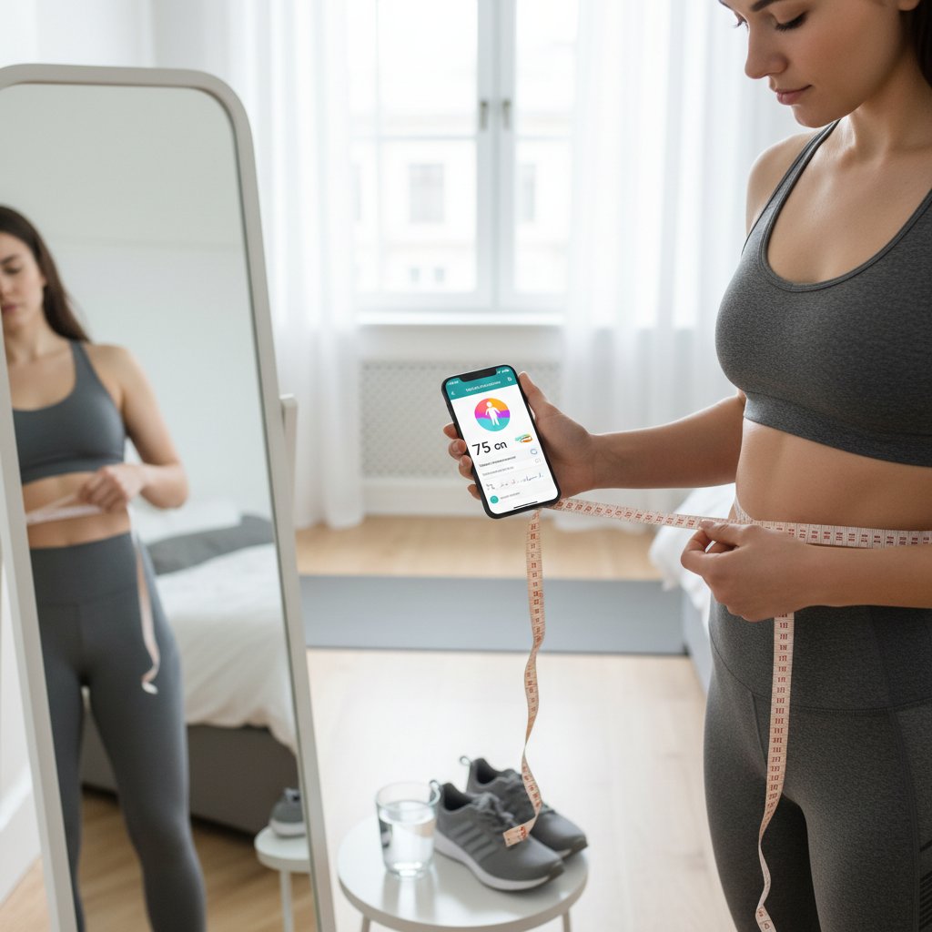 Osoba mierząca talię, w tle aplikacja zdrowotna na smartfonie