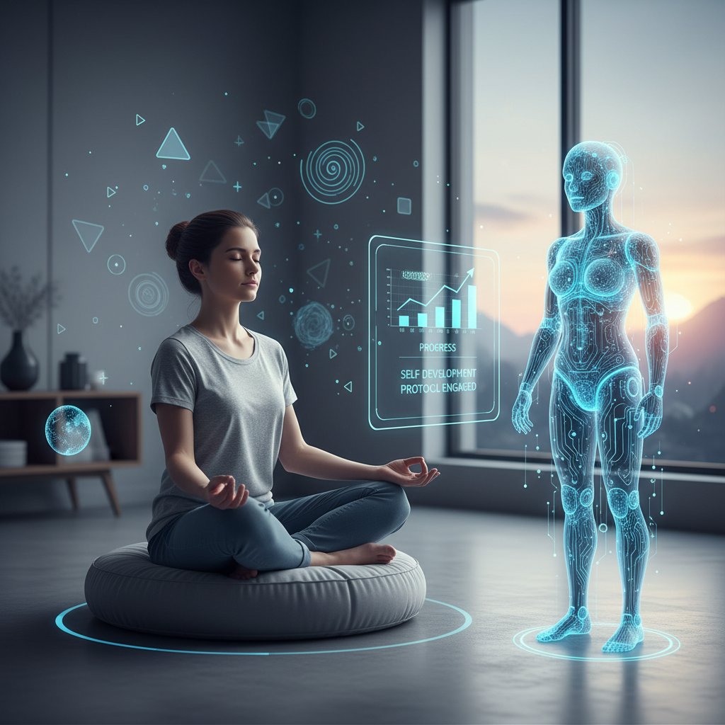 Osoba medytująca z telefonem, na ekranie wirtualny asystent AI, atmosfera spokoju i samorozwoju