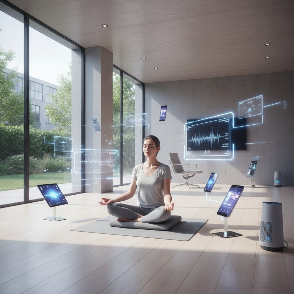 Osoba medytująca w jasnym wnętrzu, wokół nowoczesne urządzenia mobilne, atmosfera wyciszenia i zaawansowanych technologii