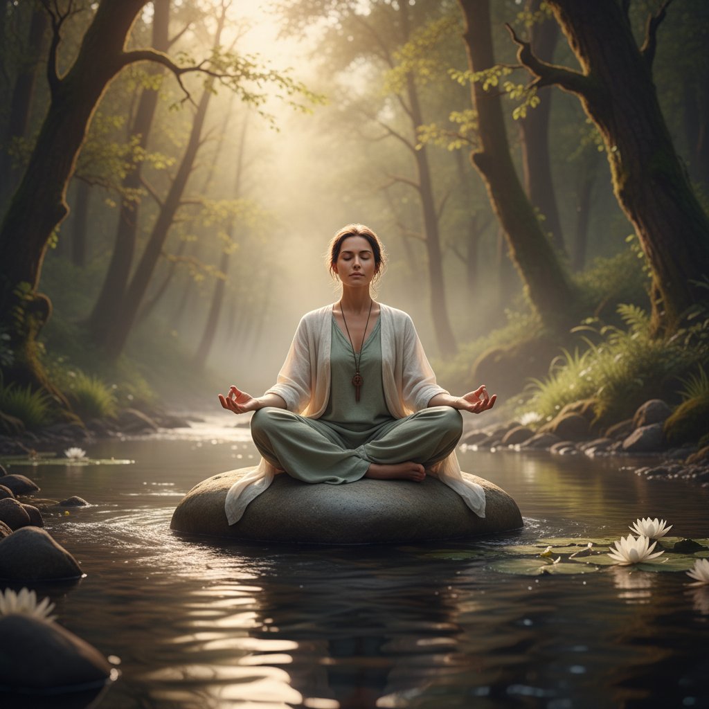 Osoba w spokojnym, zacisznym wnętrzu, praktykująca medytację z zamkniętymi oczami, wokół niej spokojna atmosfera