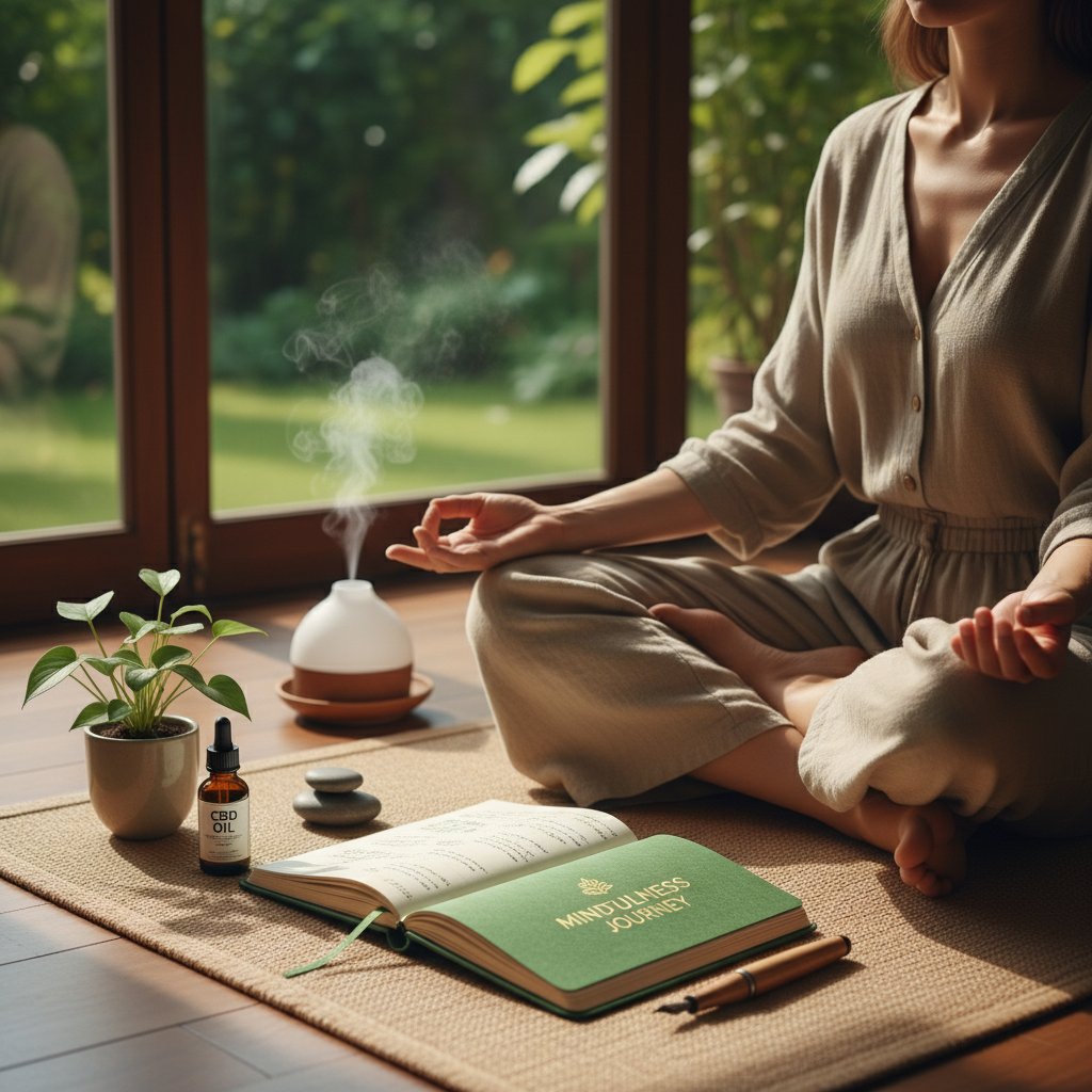 Osoba medytująca w domowym zaciszu, obok butelka CBD oleju i notes z ćwiczeniami mindfulness