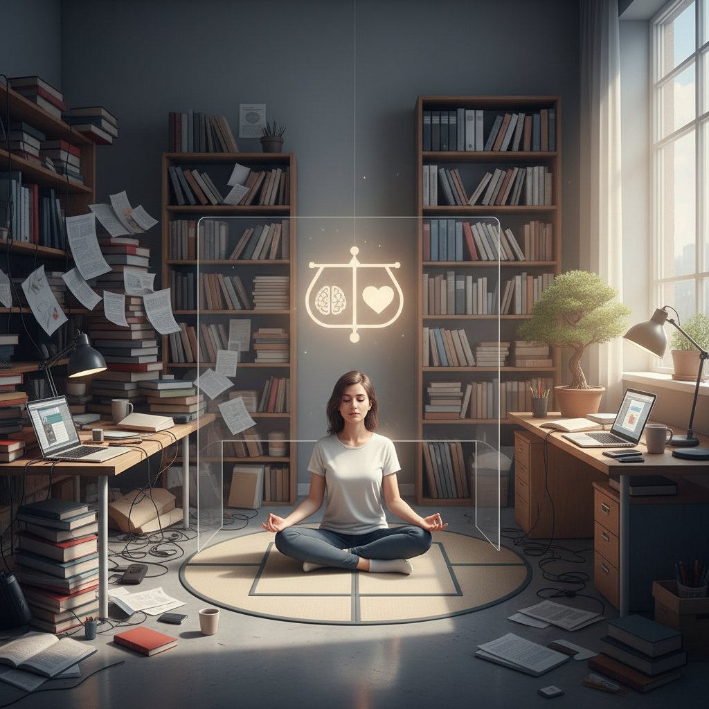 Osoba medytująca w chaotycznym otoczeniu – balans w nauce