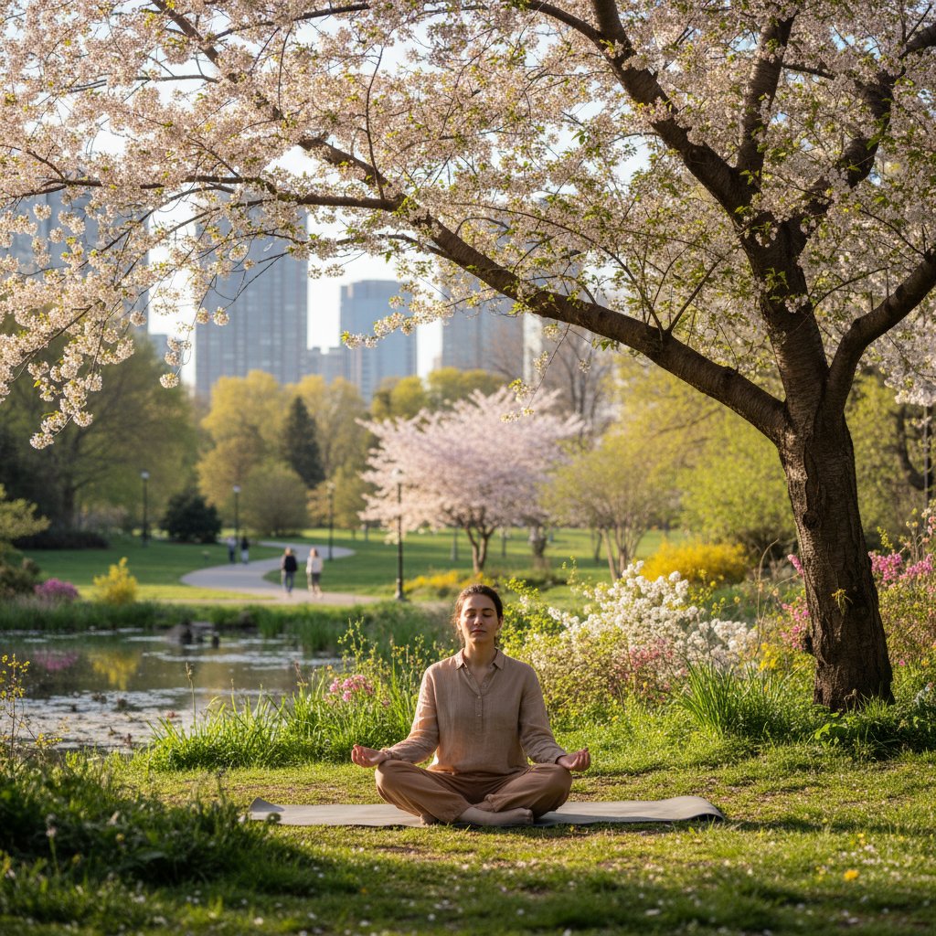 Osoba medytująca w parku miejskim, zieleń, wiosna