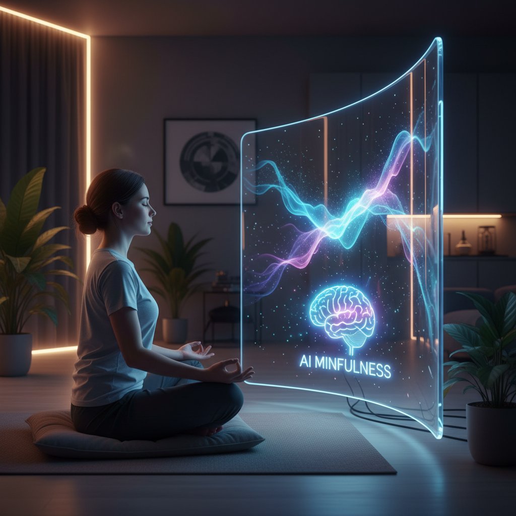 Osoba medytująca przed komputerem lub smartfonem, symbolizująca połączenie mindfulness i AI