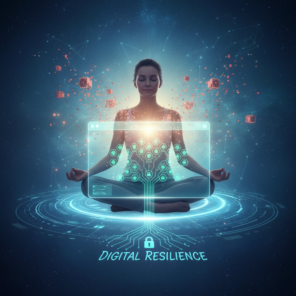 Osoba praktykująca medytację przed komputerem, symbol odporności emocjonalnej cyfrowej