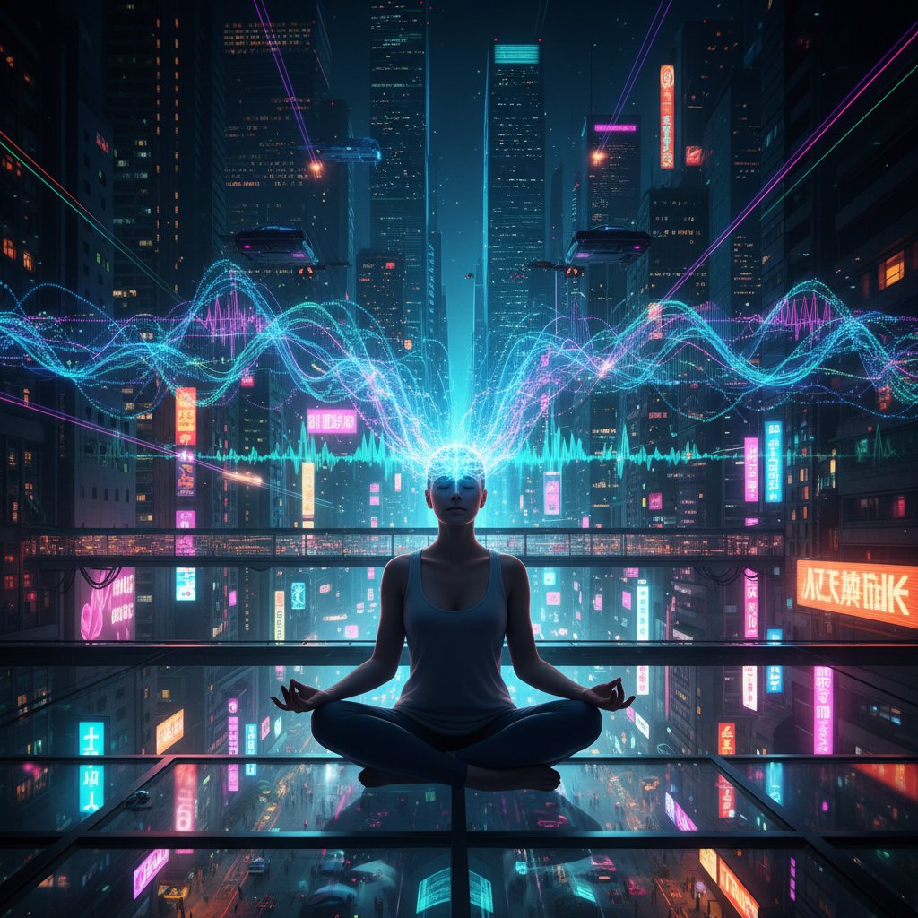 Człowiek podczas medytacji z cyfrową wizualizacją fal mózgowych, mindfulness, technologie, poziomy świadomości