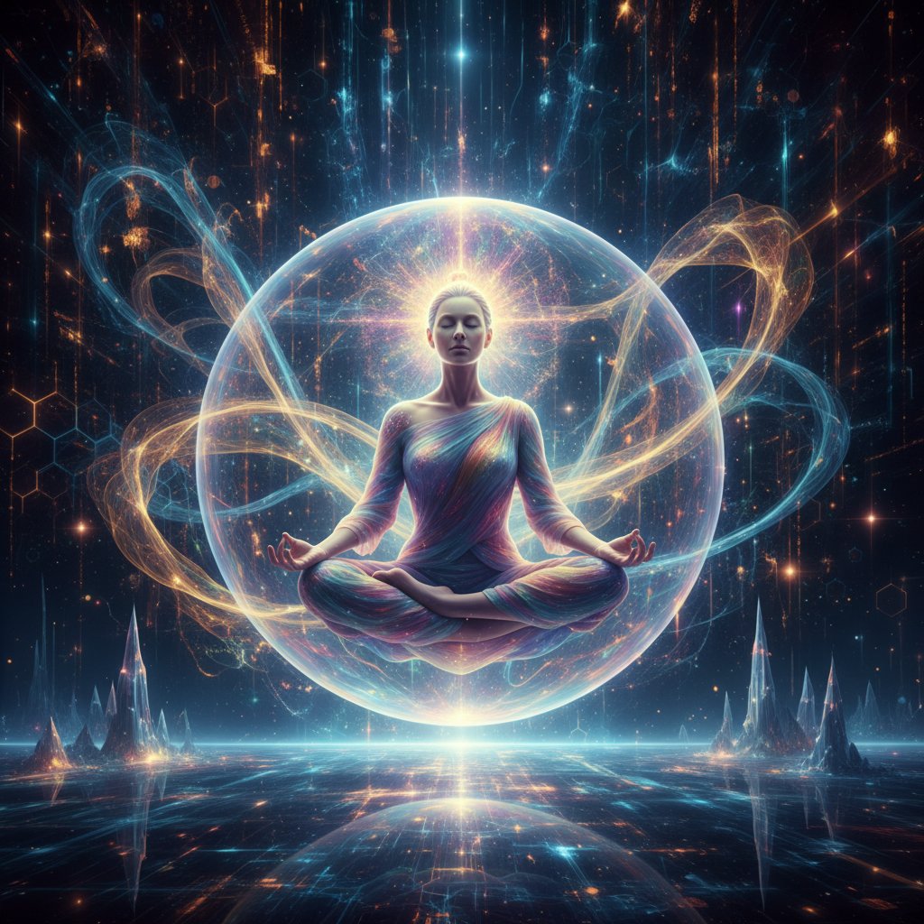 Osoba medytuje w cyfrowym otoczeniu, hologramy symbolizują nowoczesne formy duchowości i transcendencji