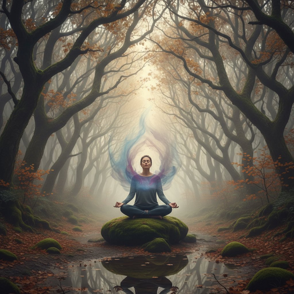 Osoba medytująca na tle lasu, spokój, skupienie, natura – praca z trudnymi emocjami
