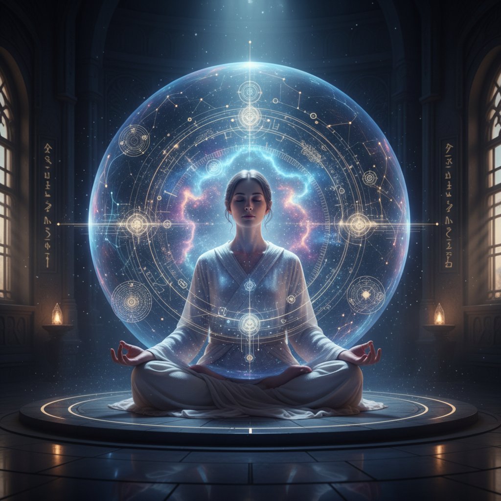 Osoba medytująca z holograficznym interfejsem jako wizja przyszłości MBCT