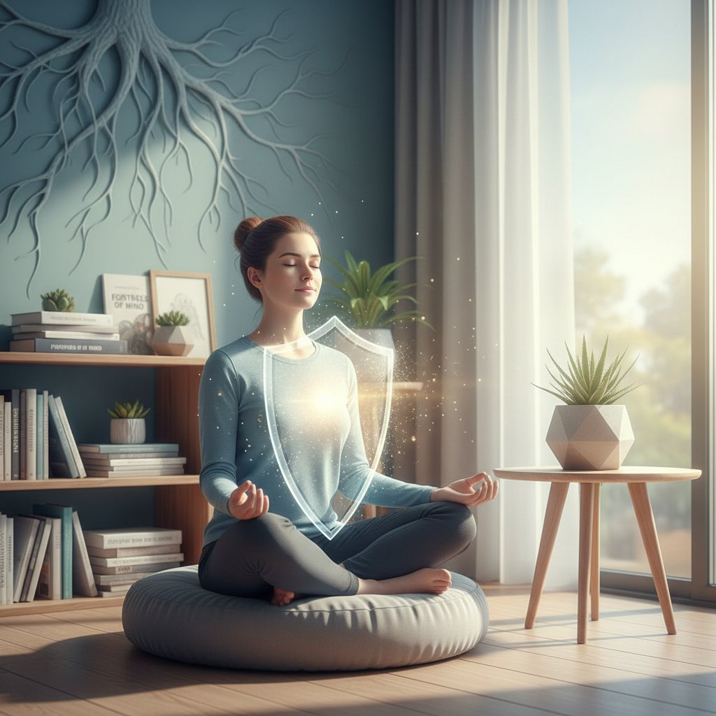 Osoba siedząca w pozycji medytacyjnej w domowym otoczeniu, praktykująca mindfulness