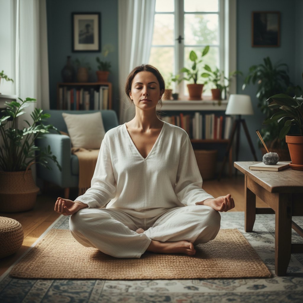 Osoba medytująca w domowym zaciszu, praktykująca mindfulness w walce z hipopobudzeniem