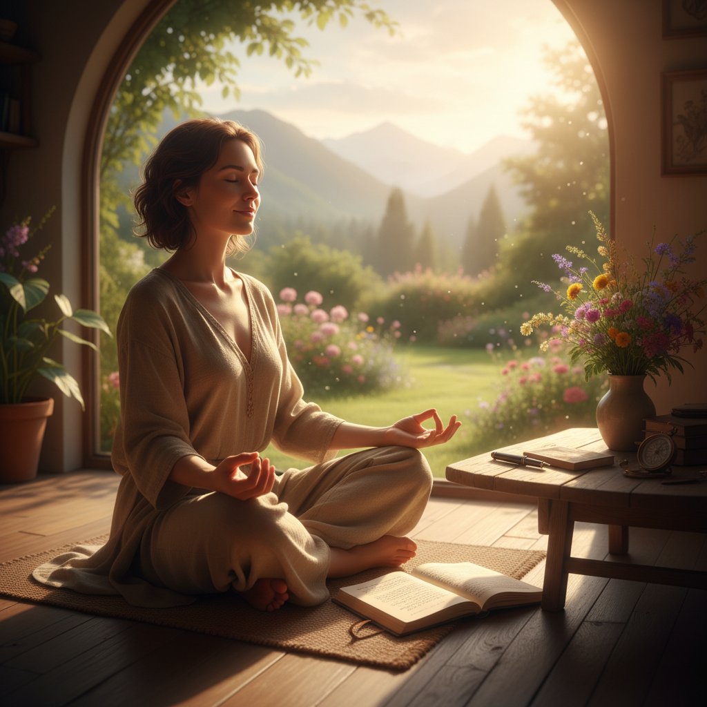 Osoba medytująca lub pisząca dziennik, jasne dzienne światło, nadzieja i spokój