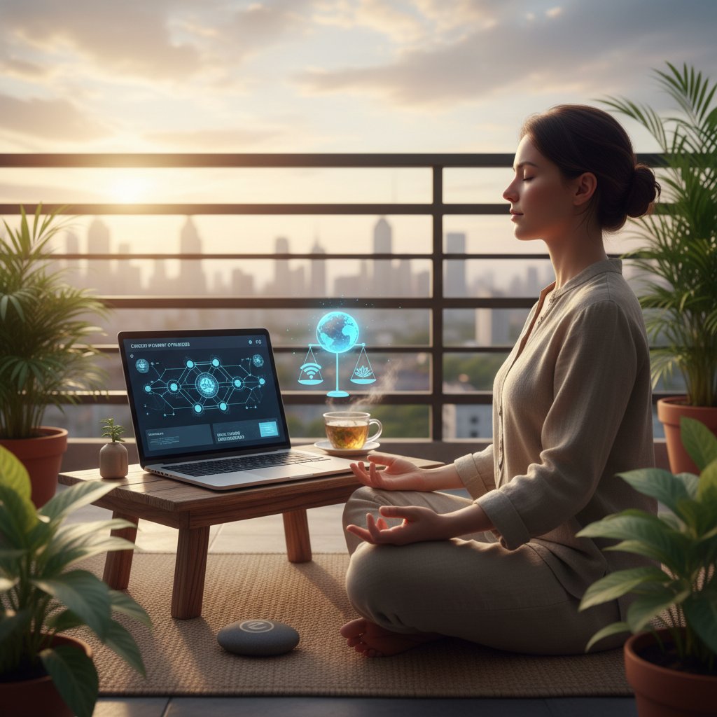 Osoba medytująca przy laptopie podczas planowania kariery online