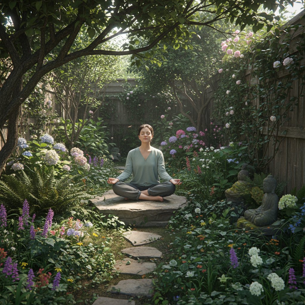 Osoba medytująca lub czytająca w bujnym, lekko dzikim zakątku ogrodu, atmosfera wyciszenia i wolności
