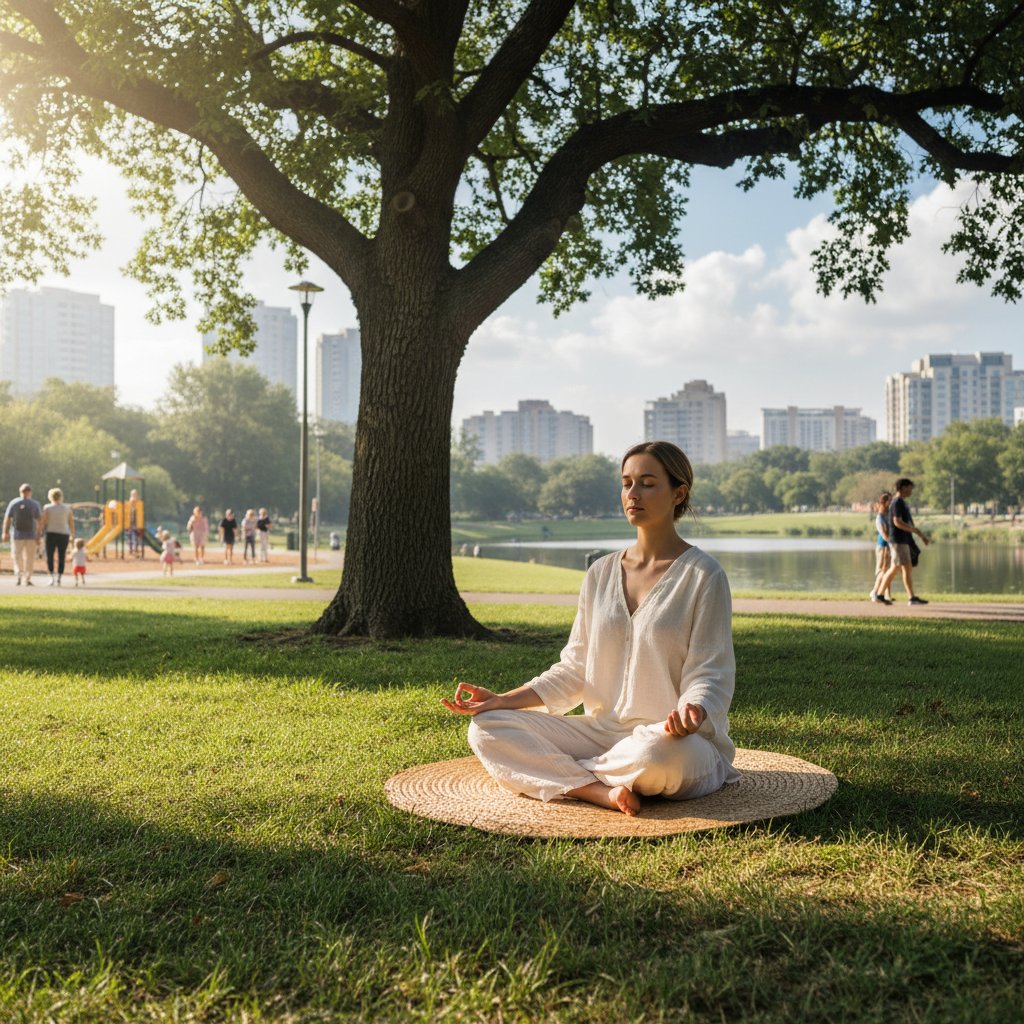 Osoba medytująca na macie w parku