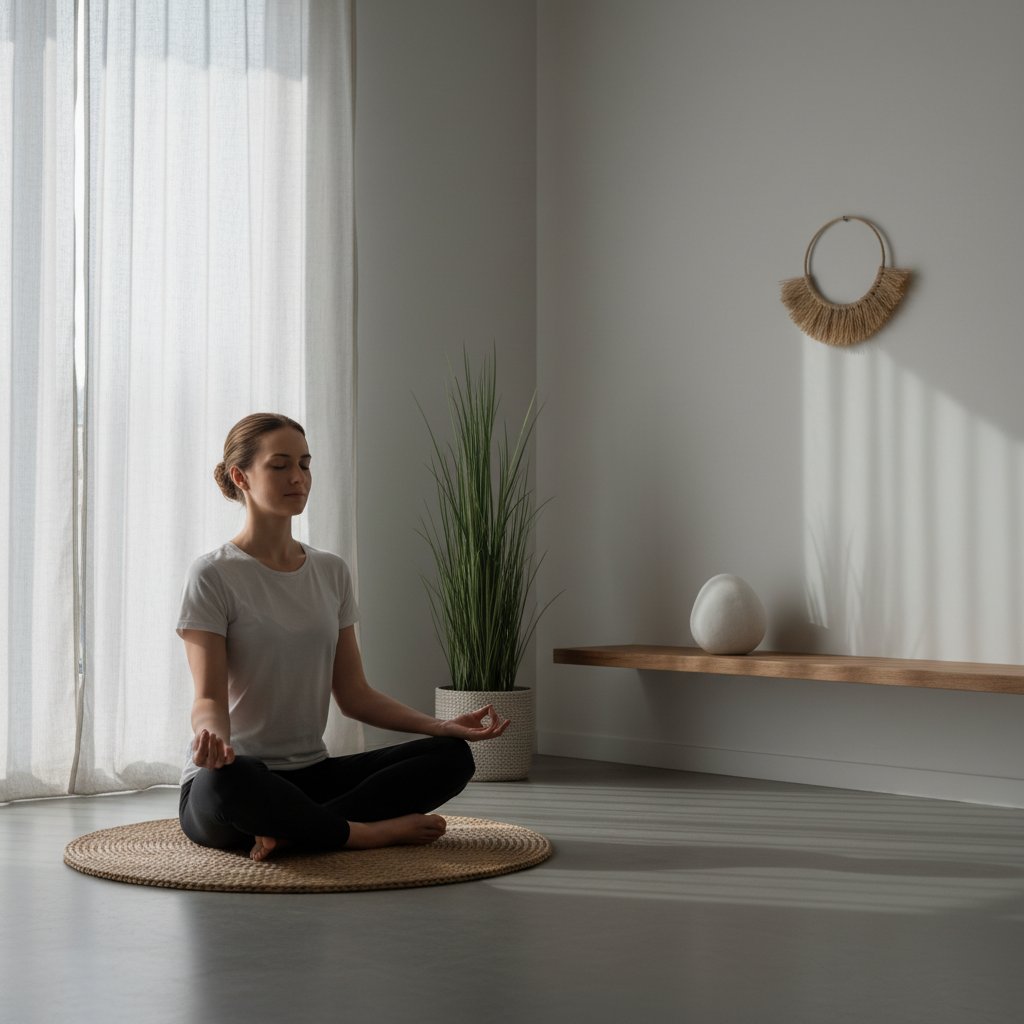 Osoba w pozycji medytacyjnej na tle minimalistycznego wnętrza, ćwiczenia mindfulness po rozstaniu