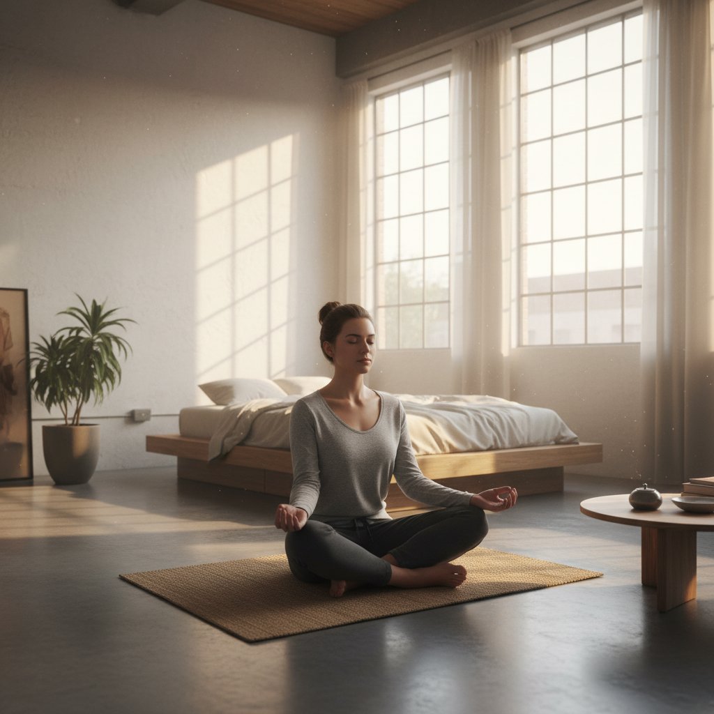 Osoba medytuje w miejskim lofcie – ćwiczenia mindfulness dla funkcji trzeciorzędnej