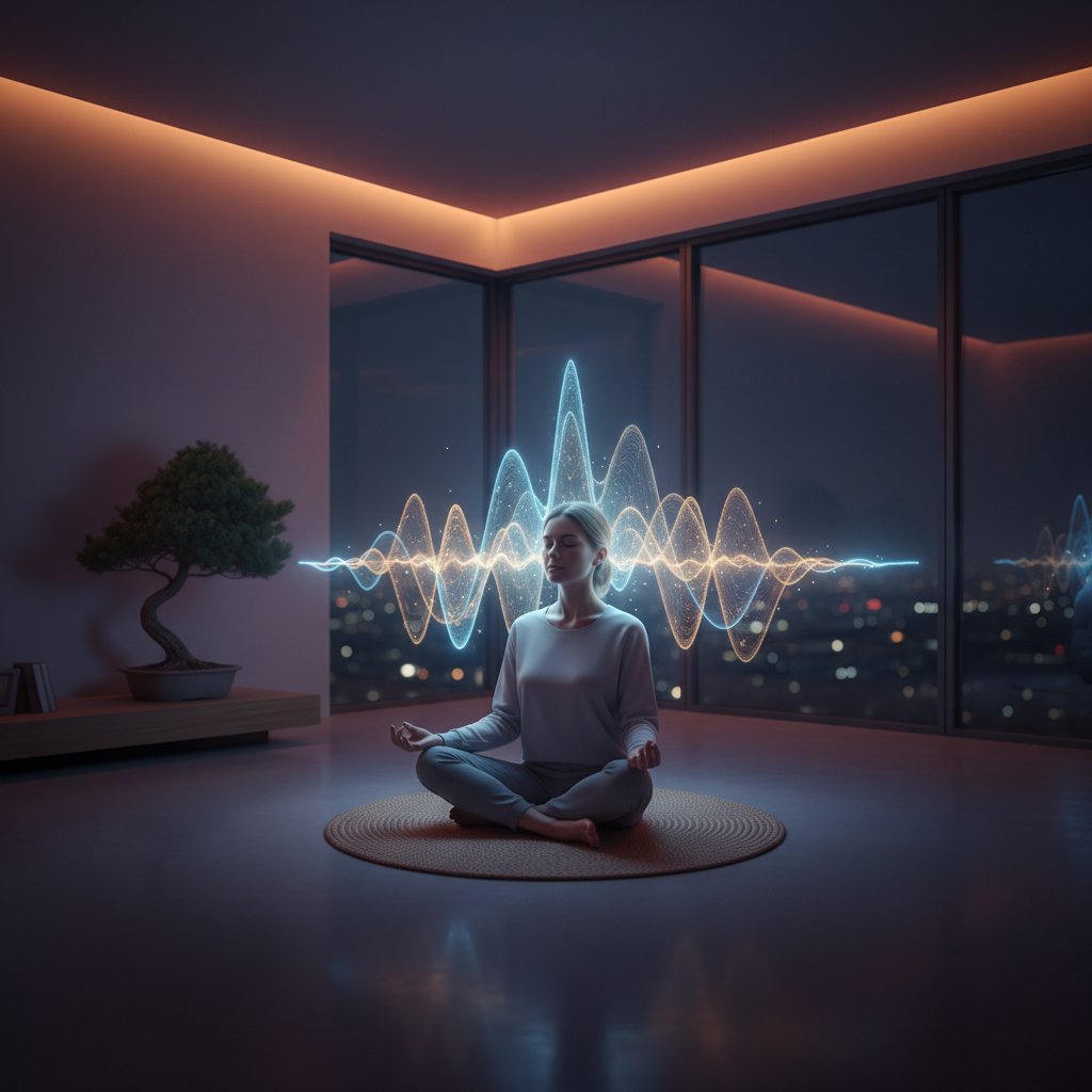 Osoba podczas medytacji w nowoczesnym apartamencie, wizualizacja fal alfa wokół głowy; klimat: spokojny, wyrazisty