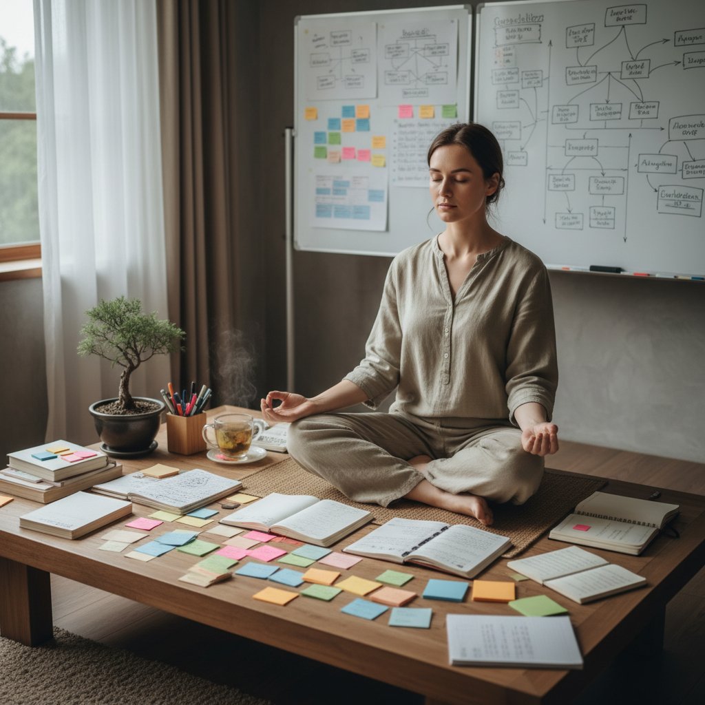 Osoba medytująca z laptopem, otoczona uporządkowanymi notatkami procesowymi