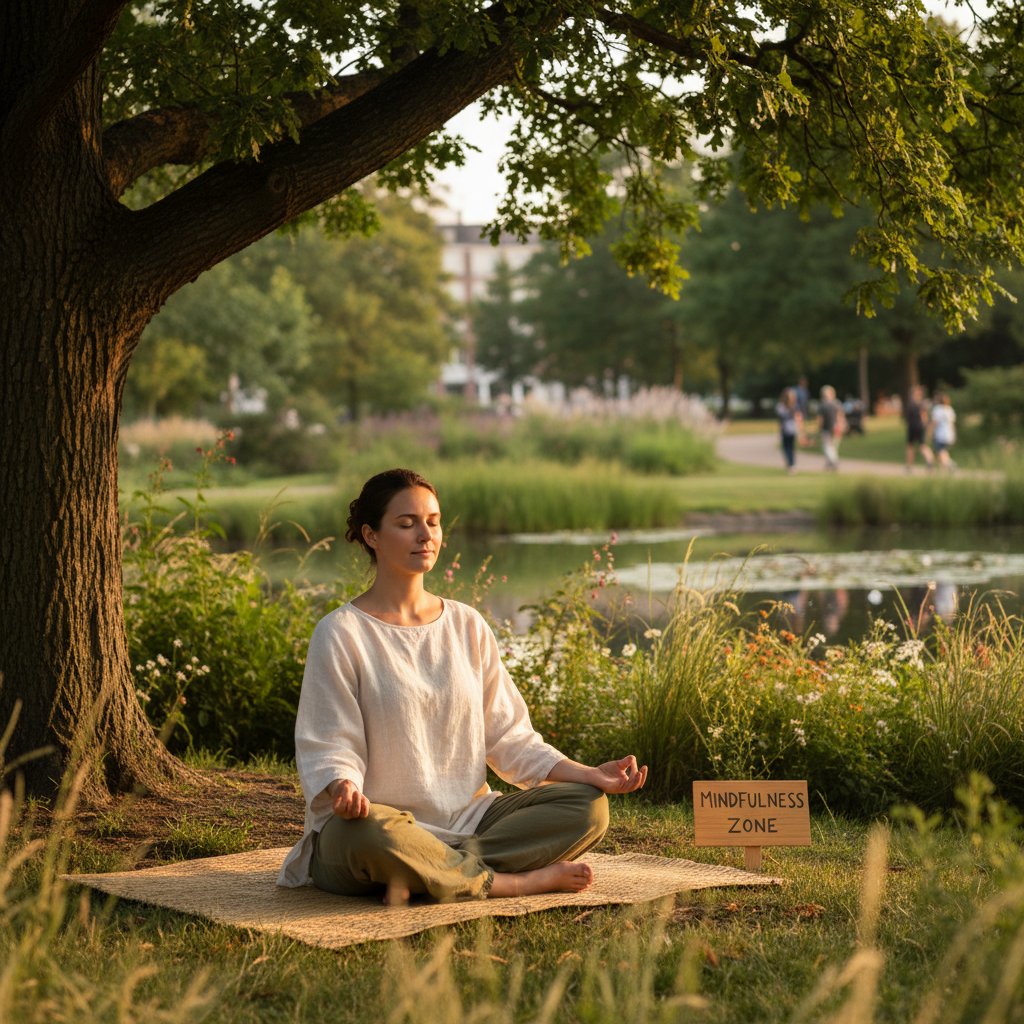 Osoba medytująca w parku, spokojna twarz, mindfulness, techniki radzenia sobie z emocjami