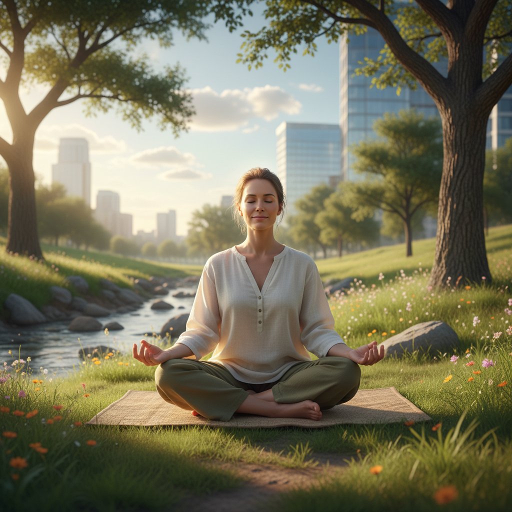 Osoba medytująca w parku, atmosfera spokoju, uważność jako technika zarządzania emocjami