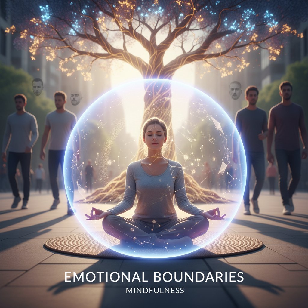 Osoba medytująca w parku, spokojna twarz, aura granicy emocjonalnej