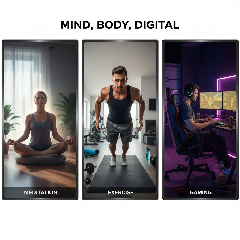 Osoba medytująca obok osoby ćwiczącej fitness i gracza online – porównanie stylów walki ze stresem