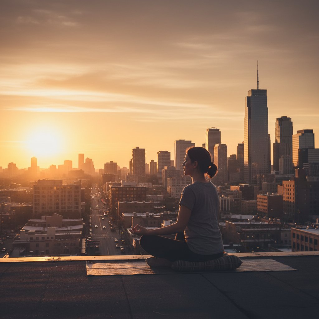 Medytacja na dachu w zachodzącym słońcu, symbolizująca praktykę uważności jako strategię naprawy dostrojenia
