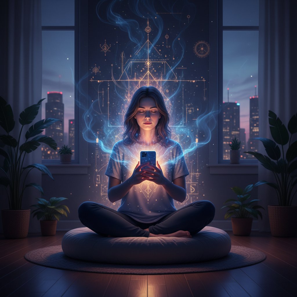 Medytująca osoba z podświetlonym smartfonem, jasne światło, spokój, relacje online