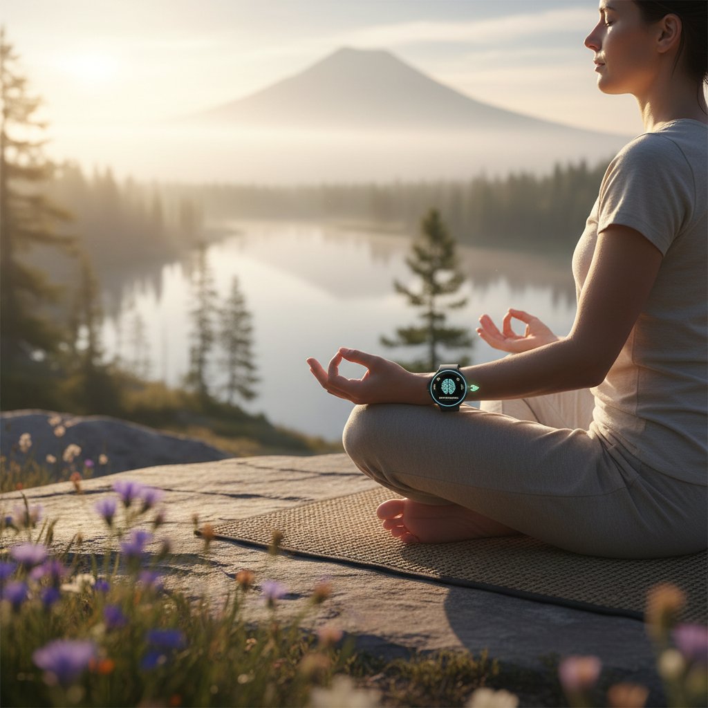 Osoba medytująca z zamkniętymi oczami i smartwatchem na nadgarstku, symbolizująca połączenie cyfrowych i analogowych technik