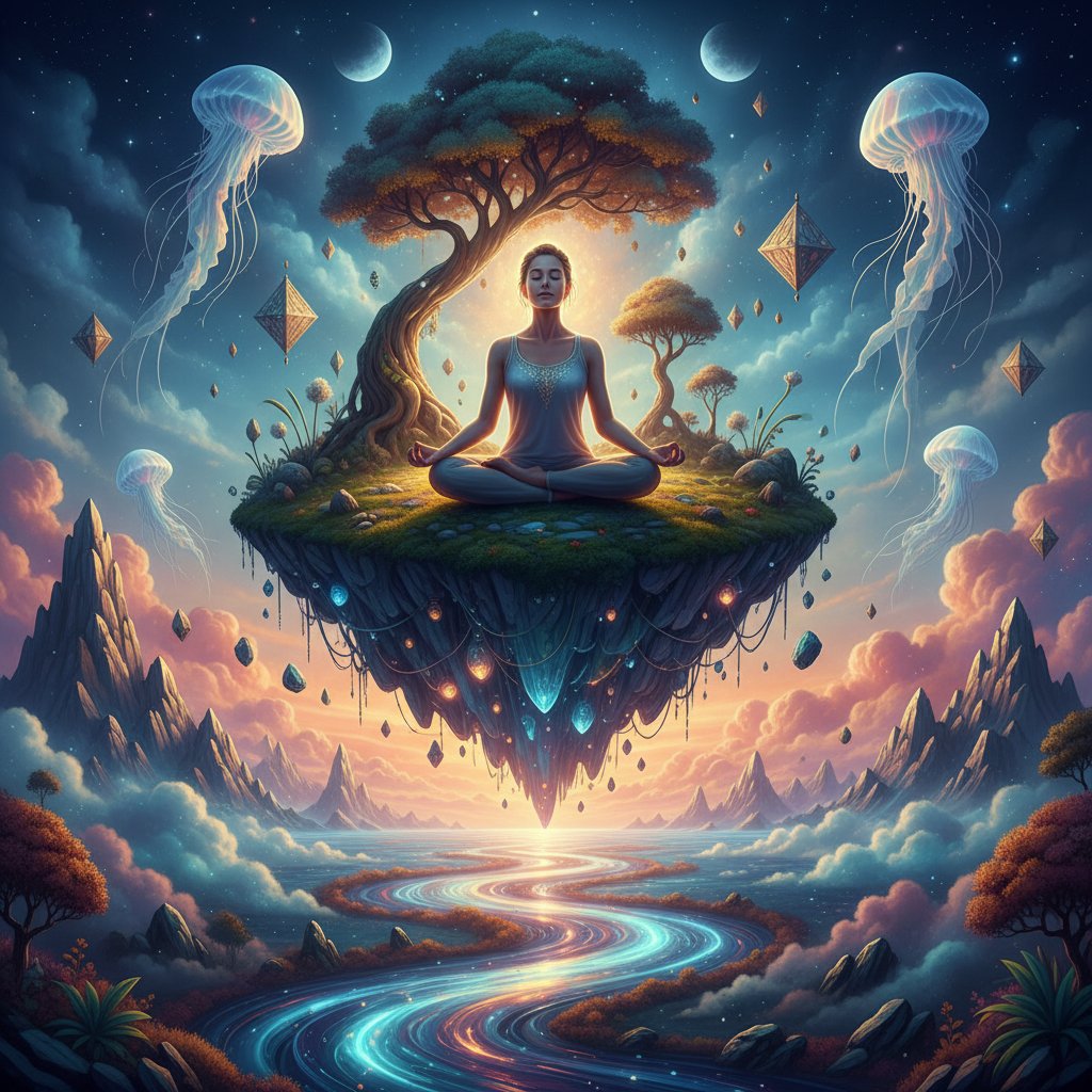 Medytująca postać w surrealistycznym krajobrazie snu – praktyka uważności i świadomego śnienia