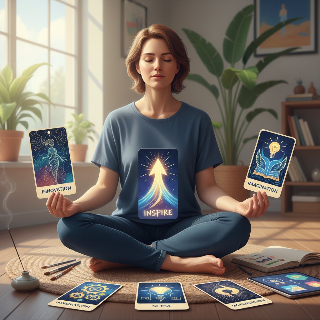 Osoba medytująca z kartą tarota w ręku, szukająca inspiracji, nie wyroczni
