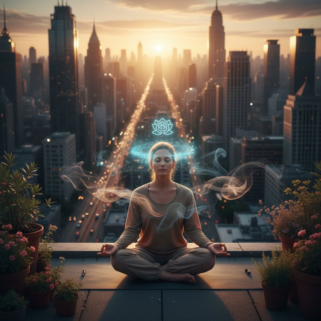 Osoba medytująca na tle miejskiego krajobrazu, symbolizująca mindfulness i radzenie sobie z ignorowaniem