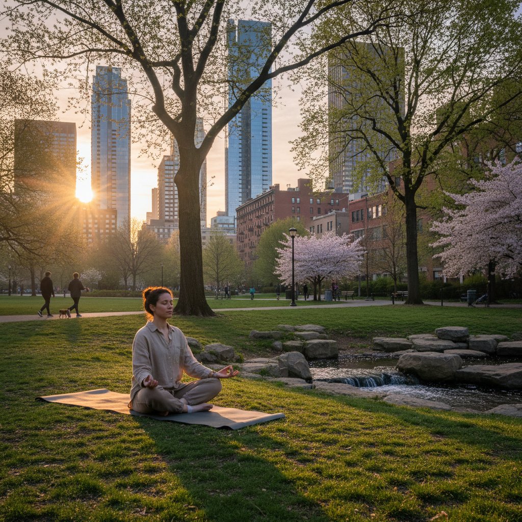 Osoba medytująca w parku, praktyka mindfulness