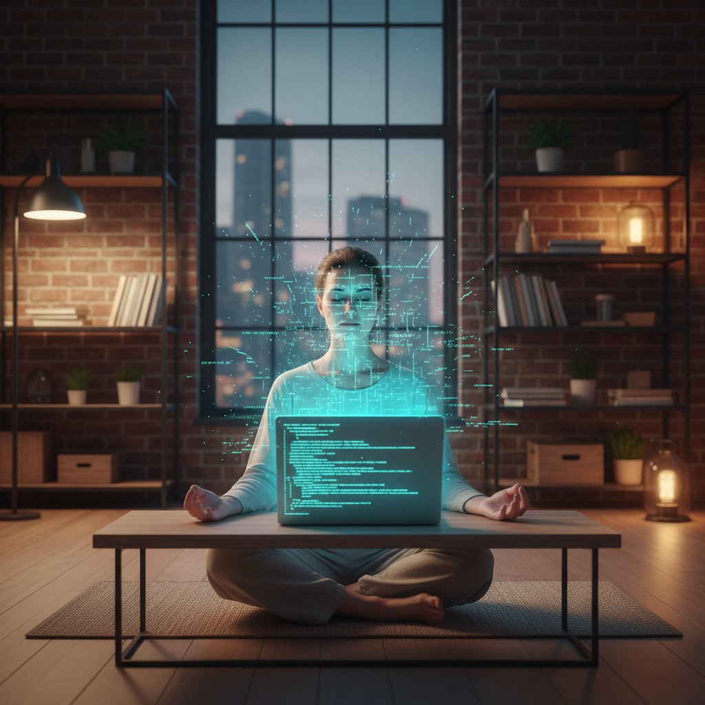 Osoba medytująca w miejskim pokoju, na ścianach wyświetlają się linie kodu, a laptop rozświetla twarz – cyfrowy mindfulness