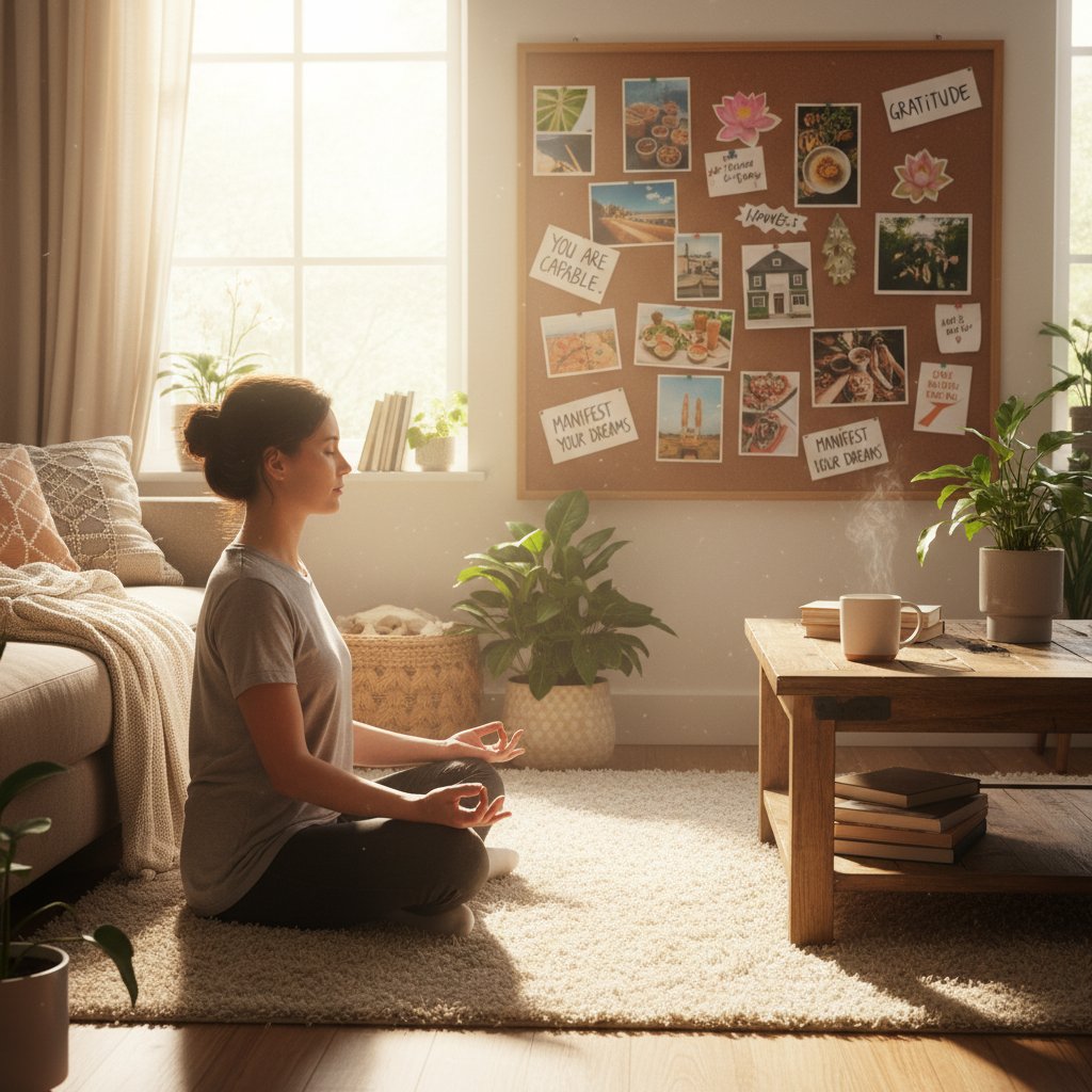 Medytacja z tablicą wizji i pozytywnymi cytatami w salonie