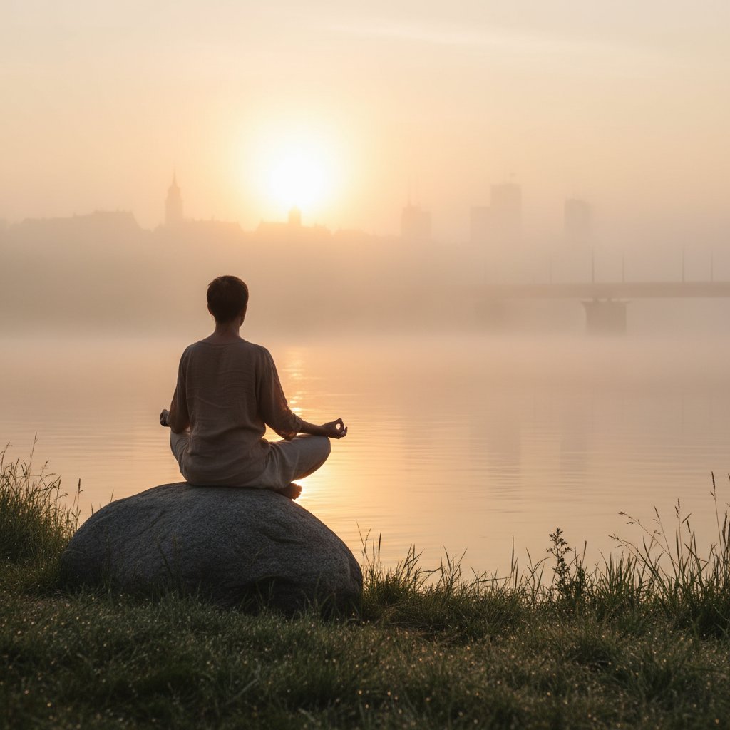 Osoba medytująca o wschodzie słońca na brzegu Wisły, atmosfera spokoju i nadziei