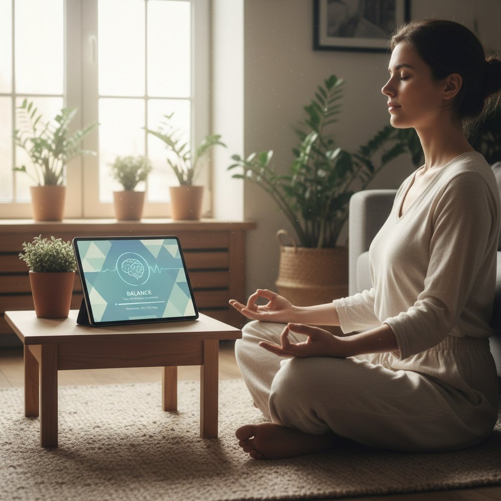 Osoba medytująca w domowym zaciszu z aplikacją AI wspierającą zdrowie psychiczne