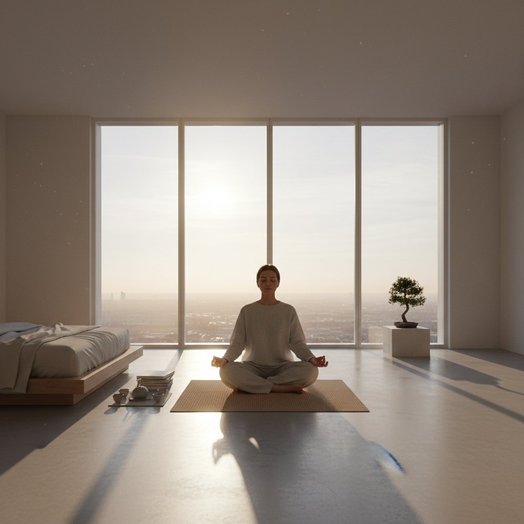 Osoba medytująca w minimalistycznym mieszkaniu o wschodzie słońca – moc samotności i ciszy